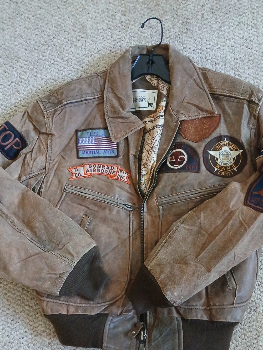 Distressed Brown Suede Bomber Jacket with Military Patch Accents